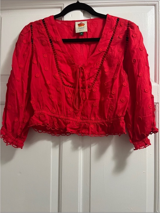 FARM Rio Tops - FARM Rio Bright Red Embroidered Tie-Front 100% Cotton Peasant Blouse Medium